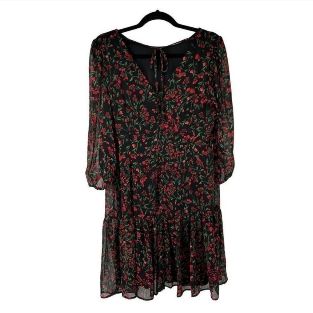 Calvin Klein Black Red Floral Long Sleeve Dress